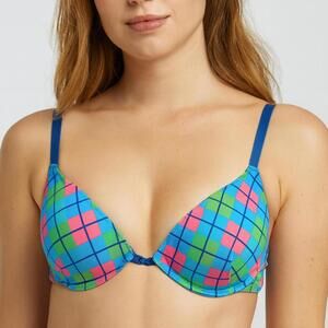Bra / Fruit of the Loom Incredible Push-Up Bra 34B Blue Pink Argyle Plaid Y2K
